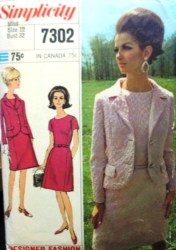 7302 1967 SS COLLARLESS A-DRESS, BUTTON JACKET PATTERN 12 32''